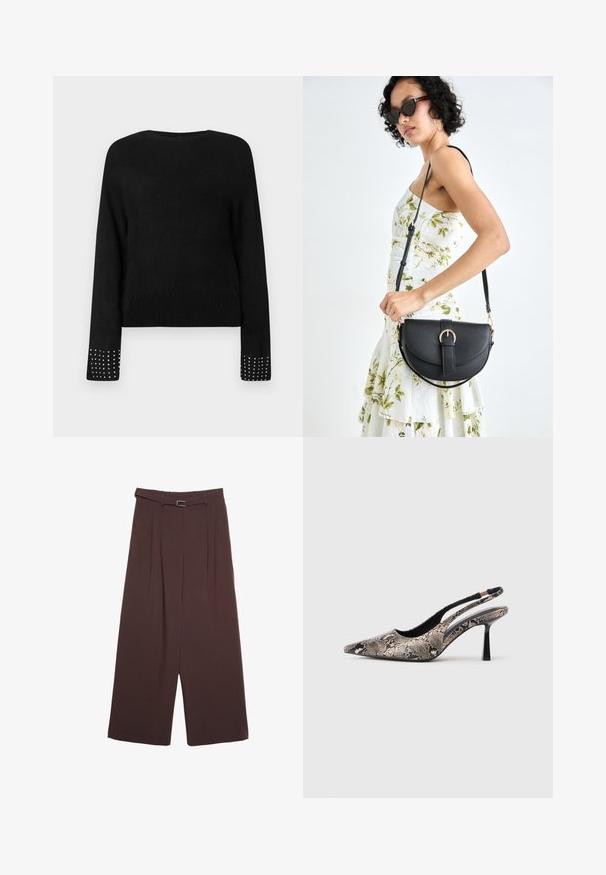 Schwarzer Strickpullover mit langen Ärmeln, ausgestattet mit silbernen Nieten an den Bündchen und einem gerippten Saum. Runde Ausschnitt, weicher Stoff und lockere Passform.; Stradivarius WIDE-LEG WITH BUCKLE DETAIL - Stoffhose - dark brown; Spitze Slingback-Schuhe aus strukturiertem Schlangenprint-Material, mit einem schlanken schwarzen Absatz und einem Ausschnitt-Design an den Seiten.; Schwarze Lederhandtasche mit geschwungener Form, abnehmbarem Tragegurt und goldenen Beschlägen. Die Tasche verfügt über einen Deckel mit einer Schnallen-Details.