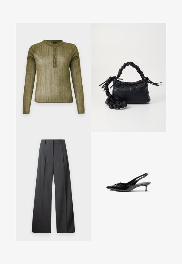 Oliven grønn langermet skjorte med ribbet tekstur, rund hals og syv knapper langs frontplagget.; Vide bukser i mørkegrått stoff med høy livlinje, enkel press, og en glatt tekstur med en ren finish på ermekantene.; Sorte skinnert remsandaler med spiss tå, liten kittenhæl og en dekorativ knute detalj foran. Glatt tekstur gjennom hele.; Svart faux skinn-håndveske med krokodilletekstur, strammet topp og en rynket stropp. Ser myk og kompakt ut i designen.