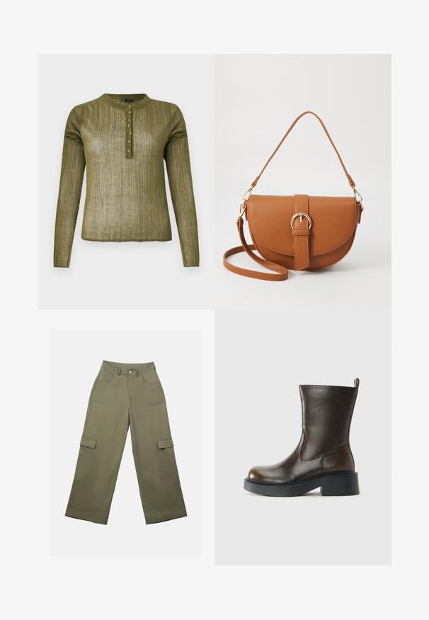 Olivgrünes langärmliges Hemd mit geripptem Textur, Rundhalsauschnitt und sieben Knöpfen entlang der Vorderseite.; Olivgrüne Cargo-Hosen mit hoher Taille, weitem Bein und zwei großen Seitentaschen. Hergestellt aus glattem Stoff mit einem Knopfverschluss.; Dunkelbrauner Lederstiefel bis zur Mitte des Waden mit runder Spitze, dickem schwarzen Sohlen, niedrigem Blockabsatz und einer Zuglasche auf der Rückseite.; Braune Leder-Crossbody-Tasche mit geschwungener Form, goldfarbenen Beschlägen und einer Schnallenakzentuierung. Verfügt über einen abnehmbaren Schultergurt.