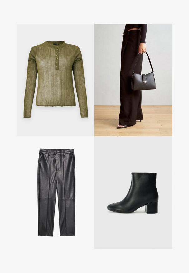 Camicia a maniche lunghe verde oliva con una texture a costine, scollo rotondo e sette bottoni lungo la patta davanti.; Pantaloni in pelle nera con una texture liscia, caratterizzati da un fit dritto, due tasche frontali e dettagli delle cuciture in evidenza.; Stivali neri in pelle fino alla caviglia con punta appuntita e tacco spesso. Texture liscia con minimi dettagli e un design elegante e aderente.; Borsa nera con forma strutturata, texture liscia e una chiusura metallica. Abbinata a pantaloni neri larghi e sandali open-toe su un pavimento in legno.
