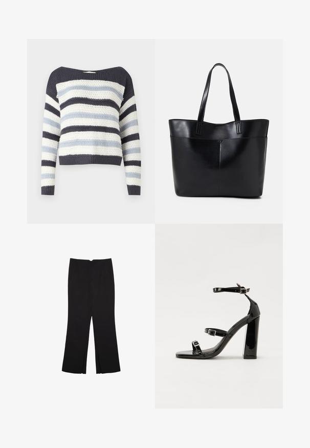 Pleteni pulover s širokim izrezom, sa mornarsko plavim, svijetloplavim i bijelim horizontalnim prugama. Tkanina s teksturom i dugi rukavi.; Crne hlače ravnog kroja, s prednjim džepovima i bočnim prorezima na rubu. Izrađene od mekog i glatkog materijala. Pogodne za razne prigode.; Crne lakirane sandale na pete sa kvadratnim nosom, trakama oko gležnja i srebrnim kopčama. Imaju čvrst blok petu za stabilnost.; Crna kožna torba s dugim ručkama, glatkom teksturom i strukturiranim oblikom. Ima prednju džep za dodatno pohranu.