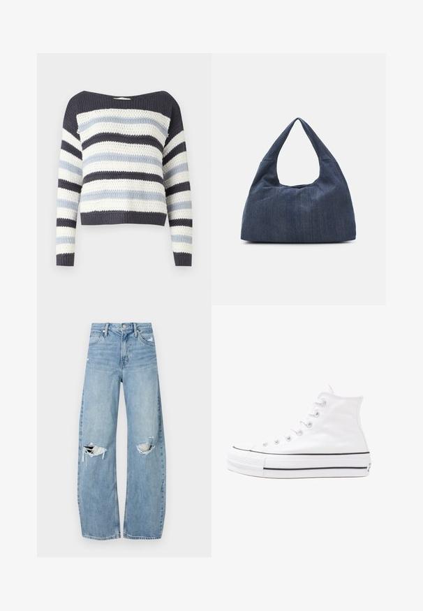 Pulover tricotat cu un decolteu larg, având dungi orizontale în nuanțe de bleumarin, albastru deschis și alb. Țesătură texturată și mâneci lungi.; Jeans de denim, de un bleu deschis, cu talie înaltă. Au picioare late, două zone rupte la genunchi și un stil clasic cu cinci buzunare.; Adidași albi tip pantofi sport cu glezna din pânză, cu talpă din cauciuc negru, capac de vârf din cauciuc frontal și șase ochiuri pentru șireturi, având un design curat și minimalist.; Geantă din denim albastru închis, cu o formă moale și lejeră, având un mâner în stil hobo și o suprafață texturată. Fără accente de metal vizibile.