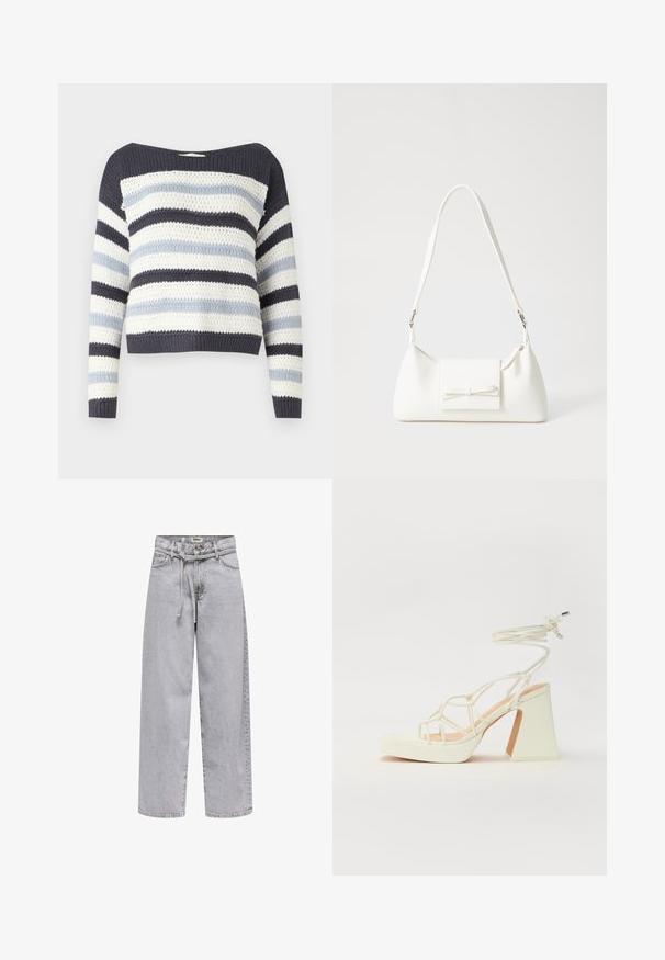 Strickpullover mit weitem Halsausschnitt, ausgestattet mit horizontalen Streifen in Marineblau, Hellblau und Weiß. Strukturiertes Material und lange Ärmel.; Hellegraue weite Jeans aus Denim, mit einer traditionellen Taille und Gürtelschlaufen, vorderem Knopfverschluss und Seitentaschen.; Weiße High-Heel-Sandale mit einem klobigen Absatz, die über ein Riemchendesign und ein Knöchelband verfügt. Glatte Textur mit einer Plattform vorne für zusätzliche Höhe.; Weiße synthetische Handtasche in dreieckiger Form, flache Vorderklappe und Schleifendetail, verstellbarer Trageriemen, glatte Textur und minimalistisches Design.