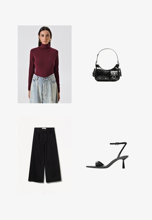 Burgunderfarbener Rollkragen-Bodysuit aus weichem Material, kombiniert mit hochgeschnittenen, hellblauen, stark gewaschenen Jeans mit Taschen.; Bershka WIDE-LEG - Wide Leg - black; Bershka High Heel Sandalette - black; Schwarze Lackleder-Handtasche mit geschwungenem Design, einem Schulterriemen, Vordertaschen und silberfarbenen Hardware-Akzenten.