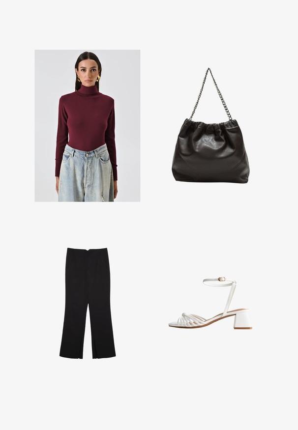 Body a collo alto di color bordeaux realizzato in materiale morbido, abbinato a jeans in denim azzurro chiaro strappati a vita alta con tasche.; Pantaloni neri a gamba dritta, con tasche frontali e spacchi laterali all'orlo. Realizzati in tessuto morbido e liscio. Adatti a diverse occasioni.; Sandaletto bianco con cinturini, dotato di un piccolo tacco a blocco, caratterizzato da una sottile cinghietta alla caviglia e un design annodato sulla punta. Texture liscia.; Borsa in pelle marrone con parte superiore arricciata e tracolla a catena. Texture liscia con finitura lucida e dettagli di cucitura sottili sui lati.