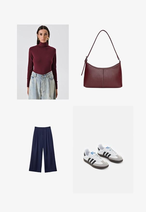 Bordeaux turtleneck bodysuit van zacht materiaal, gecombineerd met lichtblauwe high-waisted distressed denim jeans met zakken.; Marineblauwe wijde broek met plooien, knoop Tailleband en riemlussen, plat weergegeven op een witte achtergrond.; Sportschoenen met een witte leren bovenkant, grijze suède neus en drie zwarte strepen. Bevat een blauw logo op de tong en een gestructureerde rubberen zool.; Bordeaux lederen handtas met een gebogen vorm, een enkele schouderriem en gestikte details in het midden. Glad textuur, minimale hardware.
