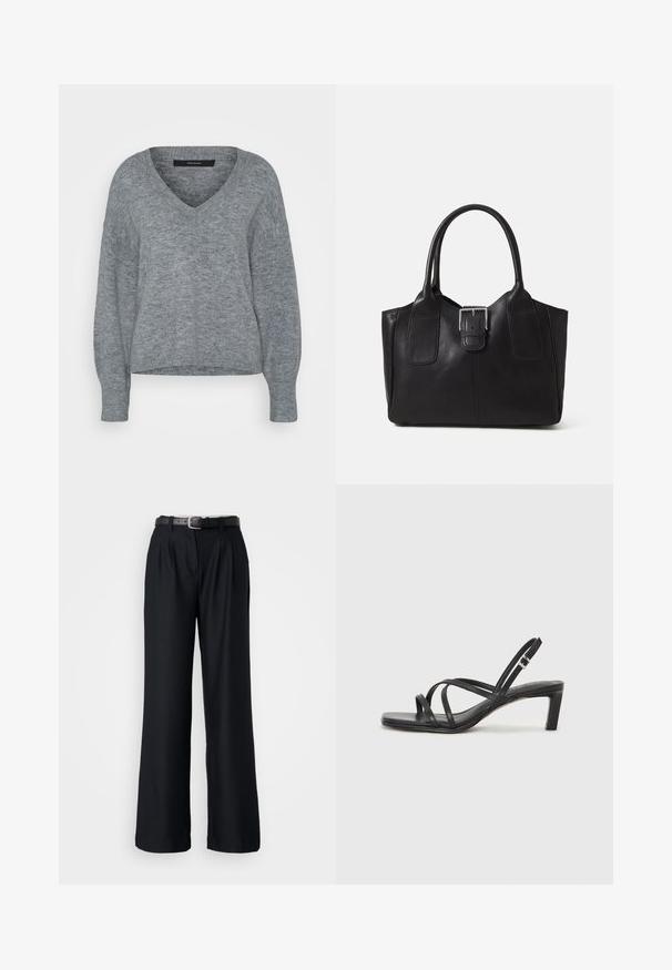 Vero Moda Tall VMJUPITER V NECK PULLOVER - Strickpullover - medium grey melange; Schwarze weit geschnittene Hose aus glattem Stoff, mit vorderen Falten und einem passenden schwarzen Gürtel mit einer silbernen Schnalle.; Schwarze Sandale mit Riemchen, quadratischer Zehenform und niedrigem Blockabsatz. Verfügt über mehrere dünne Riemen und einen verstellbaren Knöchelriemen. Hergestellt aus glattem Leder.; Schwarze Leder-Tote mit glatter Textur, strukturiertem Design, zwei Griffen und einem auffälligen silbernen Schnallen-Detail auf der Vorderseite.; Silberner Doppelring mit einer glatten, polierten Oberfläche. Verfügt über ein fließendes, kurviges Design mit überlappenden Abschnitten für einen modernen Look.