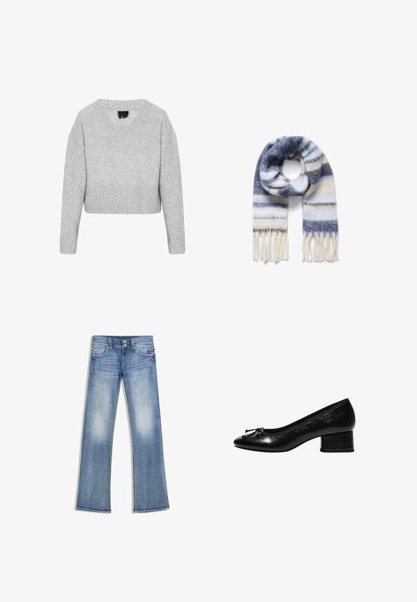 Pull cropped gris en tissu tricoté doux avec un décolleté en V, un ourlet côtelé et des manches larges. Présente une apparence légère et texturée.; Haut blanc à manches longues avec un large décolleté et un détail froncé à l'arrière. Texture lisse, design ajusté.; Jean en denim bleu clair avec une coupe droite, cinq poches, fermeture à deux boutons et texture décolorée à l'avant et à l'arrière.; Escarpin en cuir verni noir avec un bout arrondi, un petit talon carré et un accent nœud à l'avant. Texture lisse avec une finition brillante.; Écharpe en laine douce présentant des rayures bleu, blanc et gris, avec un ourlet à franges. Les textures semblent floues et chaudes.; Sac à main en cuir tan avec deux poignées courtes, poche zippée, accents en métal et glands décoratifs sur les côtés. Texture douce avec une finition légèrement froissée.