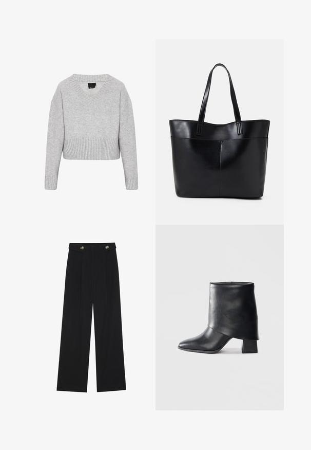 Pelēks īss svīteris, izgatavots no mīksta adījuma, ar V veida kakla izgriezumu, ribinātu apakšmalu un platām piedurknēm. Iezīmējas ar vieglu, teksturētu izskatu.; Melnas platās bikses ar augstu jostasvietu, pogu detaļām uz jostas un priekšējām krokām.; Melnas ādas potītes zābaki ar norādītu purngalu, gludu tekstūru un strukturētu blokveida papēdi. Iezīmē augstu, salocītu apkakles dizainu.; Melnas ādas iepirkumu soma ar divām garām rokturām, gludu tekstūru un strukturētu formu. Iekļauj priekšējo kabatu papildu uzglabāšanai.