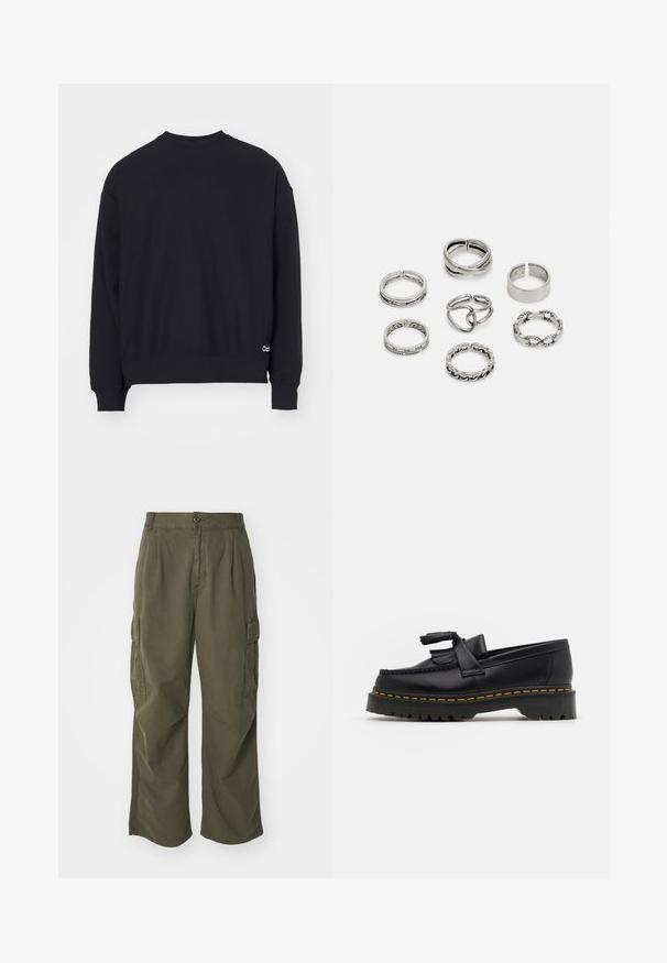 Sweatshirt noir avec un col rond, des manches longues, des poignets et un ourlet côtelés. Présente un petit logo blanc sur le bas à gauche.; Pantalons cargo en vert olive, en coton, avec une coupe large, des plis et des poches latérales pour plus de praticité.; Mocassin en cuir noir avec un accent à frange, doté d'une semelle épaisse noire et d'une couture jaune le long du bord. Fini texturé.; Ensemble de sept bagues en argent présentant divers designs, notamment des motifs torsadés, entrelacés et gravés. Différentes formes et largeurs.