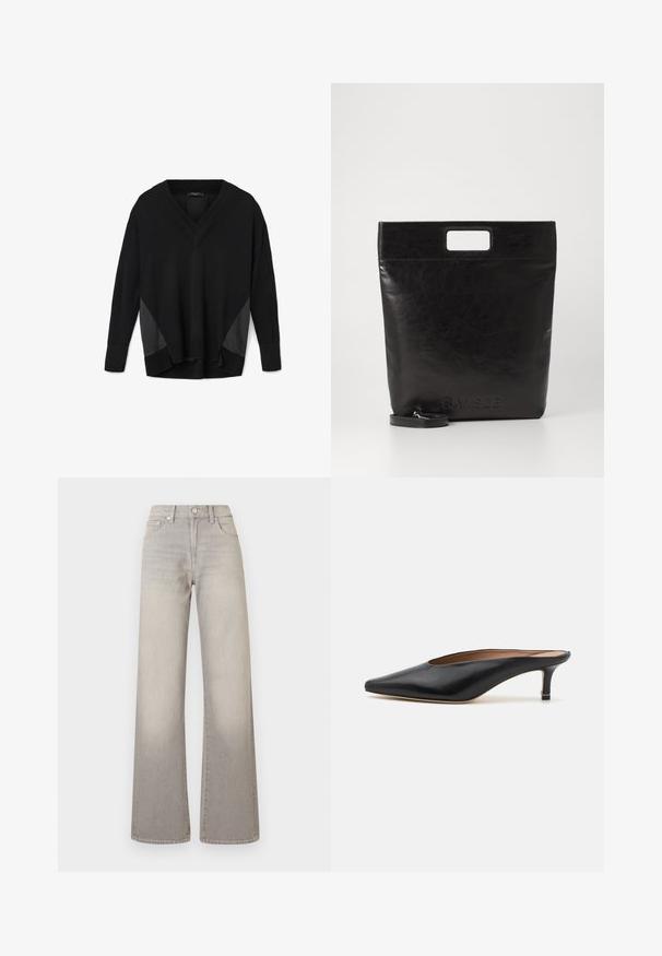 Μαύρο ζιβάγκο μακρυμάνικο πουλόβερ με ριμπ μανσέτες και στρίφωμα, διαθέτοντας πλαϊνές πάνελ από σατινέ ύφασμα και χαλαρή, ελαφρώς ψηλότερη μπροστινή γραμμή.; Γκρίζα παντελόνια με φαρδύ πόδι με ξεθωριασμένη φινίρισμα, κλείσιμο με κουμπί, σχέδιο πέντε τσεπών και ραμμένες λεπτομέρειες κατά μήκος των ραφών.; Μαύρες δερμάτινες μπαλαρίνες με αιχμηρή μύτη και χαμηλό, τετράγωνο τακούνι. Λείος υφασμάτινος σχεδιασμός. Ανοιχτή πλάτη με μινιμαλιστική διακόσμηση.; Μαύρη δερμάτινη τσάντα ώμου με τετράγωνη λαβή, με υφή και ανάγλυφο λογότυπο. Περιλαμβάνει αποσπώμενο ιμάντα.