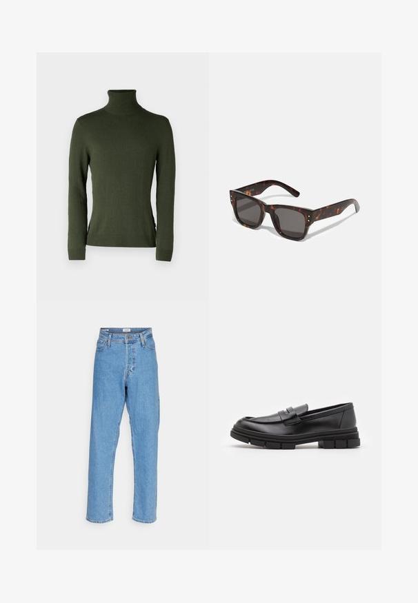 Groene coltrui gemaakt van zachte stof, heeft lange mouwen, een slim fit en ribgebreide boorden en zoom, met zijsplitdetails.; Lichtblauwe high-waisted recht gesneden jeans met een voorste knoop, ritssluiting, riemlussen en een vijf-pocket ontwerp op een witte achtergrond.; Zwarte leren instappers met een gladde afwerking, voorzien van een voorste banddetail en een stevige rubberen zool met gegroefde accenten.; Tortoise shell zonnebril met donkere lenzen, vierkant montuur en zilveren accentstuds aan de voorkant. Gemaakt van kunststof, lichtgewicht en duurzaam.