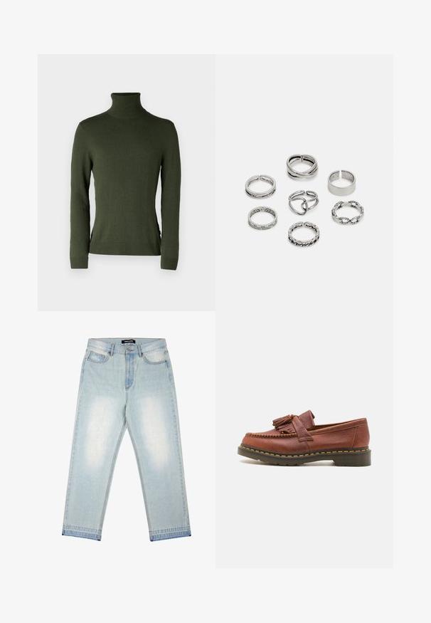 Groene coltrui gemaakt van zachte stof, heeft lange mouwen, een slim fit en ribgebreide boorden en zoom, met zijsplitdetails.; Pegador BARROW - Wijde jeans - sand washed blue; Bruine leren mocassin met franjeraccenten, een gestructureerd oppervlak en contrasterende gele stiksels langs de zwarte rubberen zool. Zijaanzicht.; Set van zeven zilveren ringen met verschillende ontwerpen, waaronder gedraaide, verbonden en gegraveerde patronen. Verschillende vormen en breedtes.