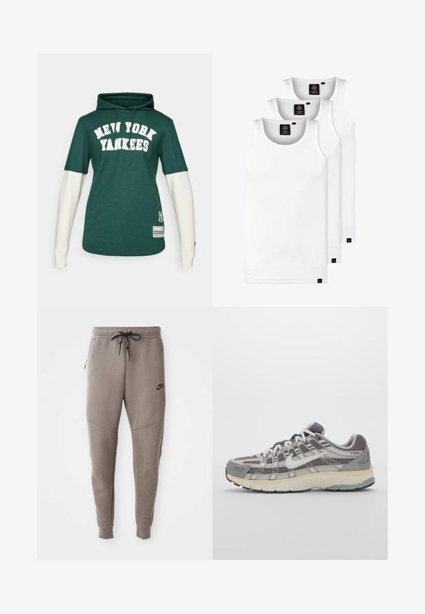 Zeleno kapucino s long sleeves v beeli barvi, ki ima velik napis "NEW YORK YANKEES", oznako New Era na strani, nastavljiva vrvica.; Tri bele rebraste majice brez rokavov iz bombaža. Imajo okroglo izreza in majhne črne etikete blizu roba. Na voljo v več velikostih.; Sive Nike trenirke z vrvico v pasu, pripete noge, stranske žepke in izrazitim šivom. Mehka, teksturirana tkanina.; Sive športne čevlje z zgornjim delom iz mrežastega in semiš materiala, belimi akcenti, oblazinjenim podplatom ter edinstvenim dizajnom z odsevnimi elementi.