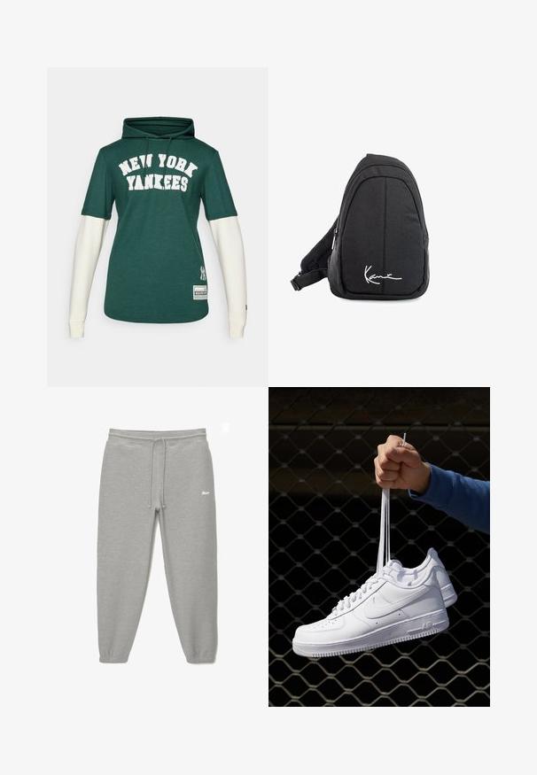 Vihreä huppari, jossa on valkoiset pitkät hihat, ja jossa on suurilla kirjaimilla "NEW YORK YANKEES". Ihanassa hupparissa on myös New Era -logotarra sivussa ja säädettävä nauha.; Mustapaita, jossa on löysä istuvuus, pyöreä kaula-aukko ja lyhyet hihat. Rinnassa valkoinen tekstilogo ja hemassa oranssi etiketti.; Harmaat verkkarit, joissa on joustava vyötärö ja nyöri. Tapered-leg -muotoilu ja logo-aksentti edessä. Pehmeä kangas.; Valkoiset nahkasneakersit, joissa on rei'ityksiä, pyöreä kärki, tasapohja ja paksut nauhat, joissa on näkyvä swoosh-logo ja "AIR" kantapäässä.; Musta kangaskassireppu, jossa on sileä pinta, kaareva muotoilu, vetoketjullinen osio ja valkoinen logo etupuolella.