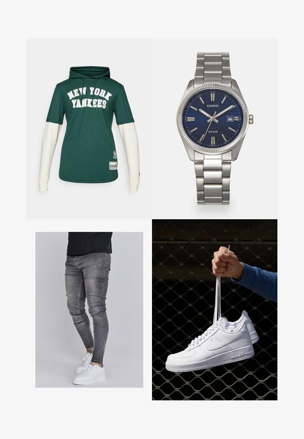Zeleno kapucino s long sleeves v beeli barvi, ki ima velik napis "NEW YORK YANKEES", oznako New Era na strani, nastavljiva vrvica.; Oprijete jeans hlače iz izbledele sive denima, z obrabljenimi detajli na kolenih, v kombinaciji z belimi športnimi copati. Gladka tekstura, oblikovan slim fit dizajn.; Bela usnjena športna obutev s perforacijami, okroglo konico, ravnim podplatom in debelimi vezalkami, z vidnim logotipom smoosh in napisom "AIR" na peti.; Srebrna nerjaveča jeklena ura z modrim številčnico, kovinskimi kazalci ter oknom za datum na 3. uri. Vodoodporna do 50 metrov.