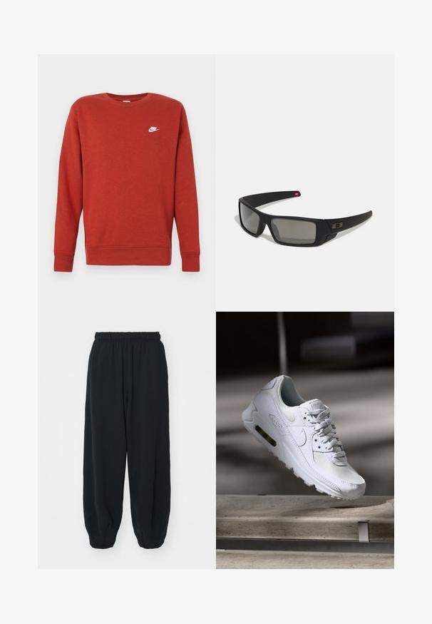 Sarkans kokvilnas džemperis ar garām piedurknēm un ribām piedurku galos. Uz kreisās krūtīs maza balta Nike logo. Klasiska apaļa apkakle.; Melnas sporta bikses ar elastīgu jostasvietu, brīvu piegriezumu, aprocēm ap potītēm, gludu tekstūru, un bez redzamām rakstu vai aparatūras akcentiem.; Baltas Nike Air Max 90 sporta apavi ar sietu un ādas augšdaļu, caurspīdīgu pirksta daļu un redzamu gaisa vienību papēdī.; Melni saulesbrilles ar matētu apdari, taisnstūra lēcām, nedaudz izliektiem tempļiem, smalkiem logotipa elementiem un dūmu nokrāsas lēcām.