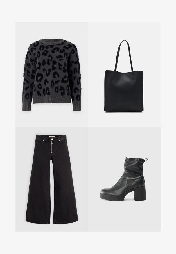 Gray sweater in soft fabric featuring a black leopard print, round neckline, and ribbed cuffs and hem. Textured patches add dimension.; Wide-leg jeans in black denim with a zippered front, five-pocket design, and subtle stitching details. Smooth texture and casual style.; Black ankle boots made of smooth leather, featuring a side zipper, chunky textured heel, and rounded toe design.; Black leather tote bag with smooth texture, rectangular shape, and two long handles. No visible hardware or embellishments.