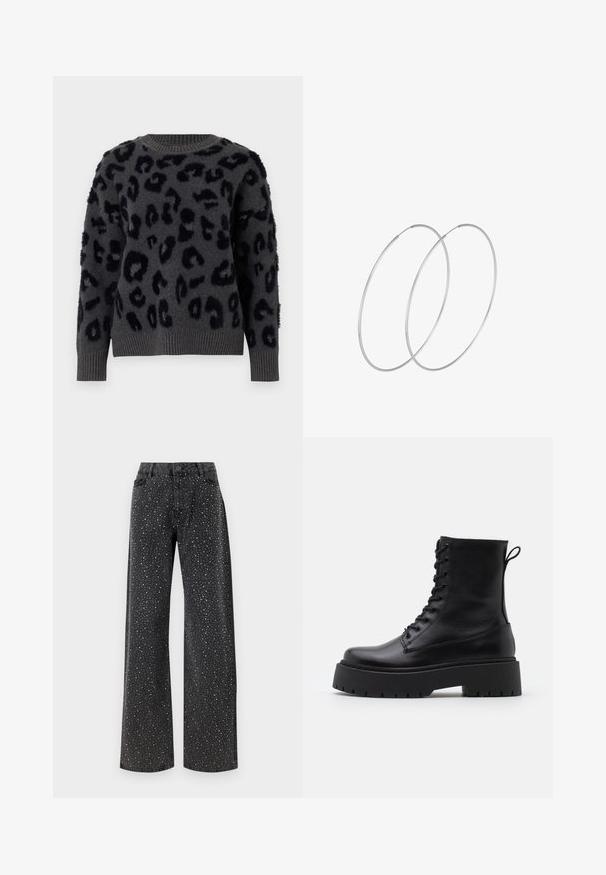 Sivi pulover od mekanog materijala s crnim leopardskim uzorkom, okruglim izrezom i rebrastim manžetama i rubom. Teksturalne zakrpe dodaju dimenziju.; Noisy May NMJANNEL LOOSE - Traperice opuštenog kroja - black denim; Crne kožne gležnjače s okruglim vrhom, vezanjem sprijeda i debelim gumenim potplatom s teksturiranim uzorkom. Tipa: traka za vuču na stražnjoj strani.; Srebrne okrugle naušnice s minimalističkim dizajnom. Kružni oblik, glatka tekstura i tanak profil. Lagane s poliranim završetkom.