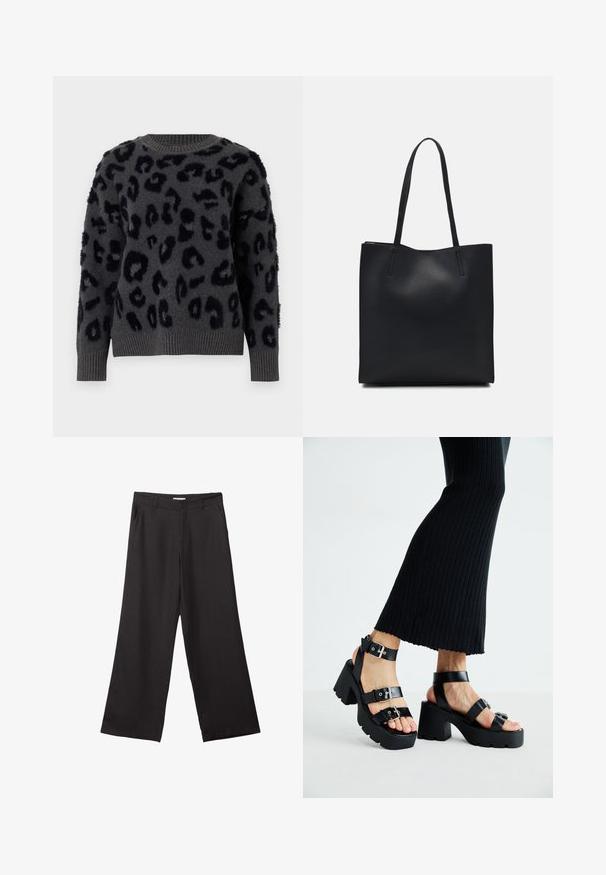 Pull gris en tissu doux avec imprimé léopard noir, col rond et finitions côtelées aux poignets et à l'ourlet. Des empiècements texturés ajoutent de la dimension.; Pantalons larges noirs en tissu lisse, dotés d'une fermeture éclair à l'avant et de deux poches latérales, avec une coupe ajustée et un design minimaliste.; Sandales à plateforme noires avec semelles épaisses et crantées, dotées de plusieurs sangles, présentant des boucles en métal et une texture lisse semblable au cuir.; Sac fourre-tout en cuir noir avec une texture lisse, de forme rectangulaire et deux longues poignées. Pas de matériel ou d'ornementations visibles.