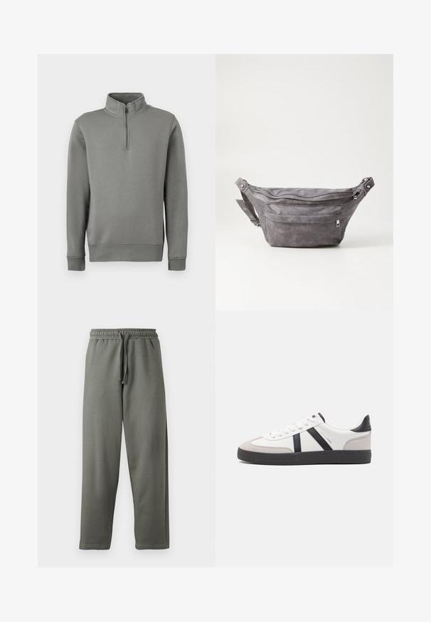 Felpa grigia con zip a metà collo, polsini a costine e orlo dritto. Realizzata in tessuto morbido con una texture liscia.; Pantaloni della tuta grigi in morbido tessuto con vita elasticizzata e coulisse; presentano un taglio dritto e dettagli di cucitura minimi.; Sneaker bianco con accenti neri e grigi, dotata di una punta grigia testurizzata, suola in gomma nera e lacci bianchi piatti. Design pulito, stile minimalista.; Fanny pack in suede grigio con forma arrotondata, due scomparti con cerniera e tracolla regolabile. Presenta dettagli in metallo.