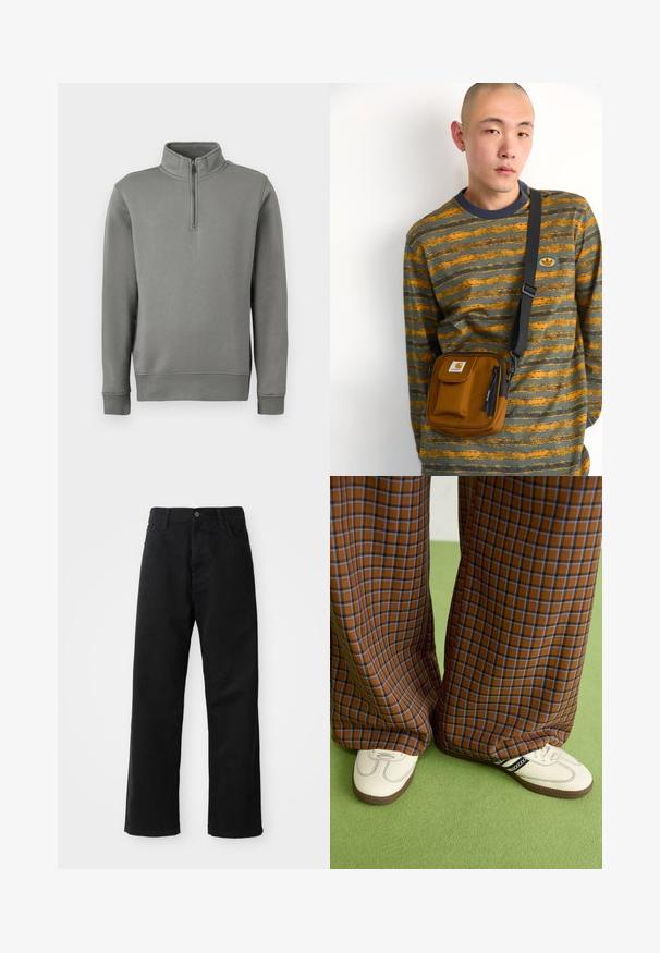 Pelēks džemperis ar pus-uzvalku, ribotām piedurknēm un taisnu apakšmalu. Izgatavots no mīksta auduma ar gludu tekstūru.; Melnas džinsu bikses ar taisnu griezumu, ar priekšējiem kabatām, rāvējslēdzēju un vienu augšējo pogu. Tekstūrēta auduma matēta virsma.; Brūni un zili rūtaini platās kājas bikses, kas savienotas ar baltām kurpēm ar melniem akcentiem un teksturētām zolēm, uz zaļa fona.; Brūna auduma plecu soma ar rāvējslēdzēju un priekšējo kabatu; valkāta virs pelēka un oranža svītrainā garā piedurkņu krekla ar logotipa uzšuvi.