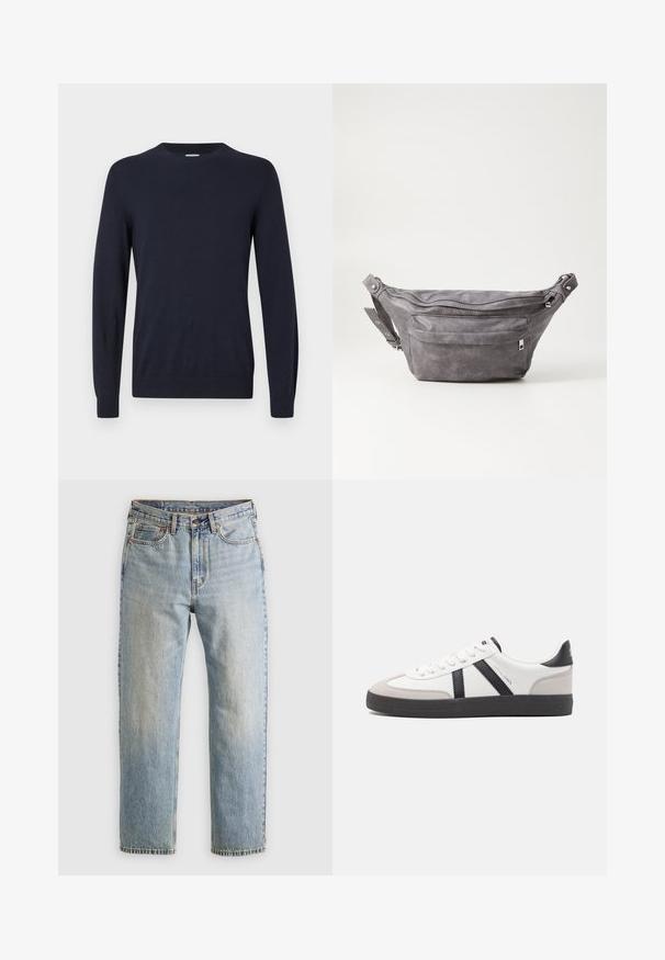 Pull en maille bleu marine avec col rond, manches longues et poignets côtelés. Texture lisse et conception légère pour le confort.; Jean en denim bleu clair à taille haute, avec bouton avant, fermeture éclair et design à cinq poches, posé à plat sur un fond neutre.; Baskets blanches avec des accents noirs et gris, présentant un embout texturé gris, une semelle en caoutchouc noir et des lacets plats blancs. Design épuré, style minimaliste.; Sac banane en suède gris avec une forme arrondie, deux compartiments zippés et une sangle réglable. Comprend des accents en métal.