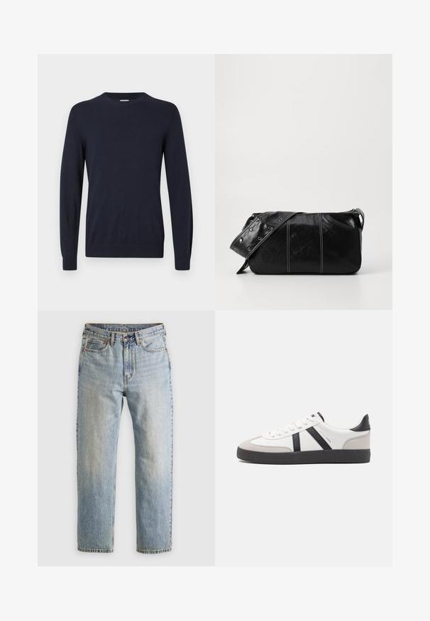 Marineblått stickat tröja med rund halsringning, långa ärmar och ribbade ärmslut. Slät textur och lätt design för komfort.; Ljusblå denimjeans med hög midja, framknäppning, dragkedja och femficksdesign, placerade platt på en neutral bakgrund.; Vit sneaker med svarta och grå accenter, med en strukturerad grå tådel, svart gummisul, och platta vita skosnören. Ren design, minimalistisk stil.; Svart läder axelväska med dragkedjestängning, som har en texturerad yta, vit sömnad och ett bälte med silveröglor.