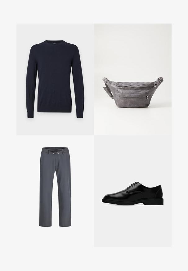 Navy blue knit sweater with a crew neck, long sleeves, and ribbed cuffs. Smooth texture and lightweight design for comfort.; Gray, elastic waistband pants with a drawstring. Straight leg design, made from smooth fabric, feature minimal stitching and no visible hardware.; Black leather dress shoe with a smooth finish, rounded toe, lace-up design, and understated rubber sole for traction.; Gray suede fanny pack with a rounded shape, two zippered compartments, and adjustable strap. Features metal hardware accents.