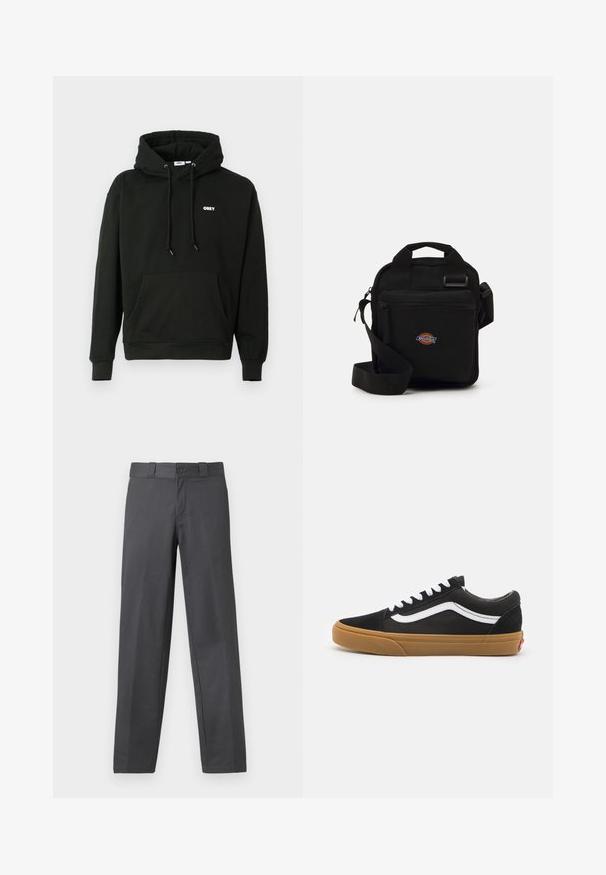 Črna kapuca z žepom na sprednji strani, nastavljivo vrvico za kapuco in majhnim belim logotipom "OBEY" na prsih. Mehka tkanina.; Sive hlače iz gladkega materiala, s straight-leg dizajnom, gumbom za zapiranje in zankami za pas; minimalni šivi in brez vzorcev.; Črne semiš superge z belim bočnim trakom, belimi vezalkami in gumijastim podplatom. Klasična nizka zasnova z teksturiranimi detajli in zaobljenim nosom.; Črna crossbody torba z zadrgo, pravokotne oblike, izdelana iz blaga, z logotipom na sprednji strani, nastavljivim ramenskim trakom.