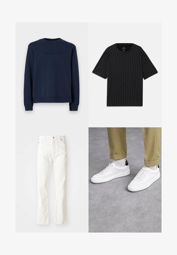 Felpa blu marina realizzata in morbido tessuto, con maniche lunghe, scollatura rotonda e logo in rilievo "MICHAEL KORS" sul davanti.; T-shirt nera con un motivo testurizzato di loghi 'A' alternati, maniche corte e scollo rotondo. Realizzata in tessuto leggero.; Jeans flared in denim bianco con vita alta, tasche frontali e dettagli in metallo argentato. Il tessuto ha una texture liscia con sottili dettagli di cucitura.; Sneaker bianchi con finitura in pelle testurizzata, punta arrotondata e accentuazione nera sul tallone. Suola in gomma con piccolo motivo di battistrada e dettagli cuciti.