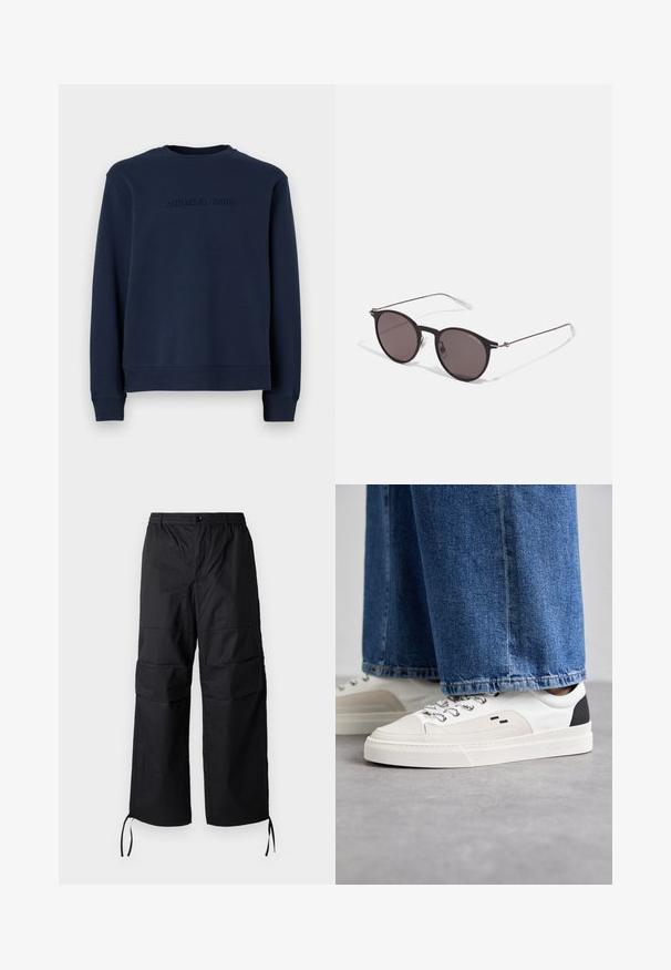 Marinblå sweatshirt gjord av mjukt material, med långa ärmar, rund halsringning och ett präglat "MICHAEL KORS"-logotyp på framsidan.; Svarta cargo-byxor gjorda av lätt tyg, med breda ben, elastisk midja och justerbara dragsnören vid muddarna. Två sidofickor.; Vita och svarta sneakers med en slät läderöverdel, texturerade detaljer och en kraftig vit sula. Har en klassisk snörningsdesign.; Svarta runda solglasögon med mörka linser och smala metallarmar. Inkluderar klara tempeltips och silverdetaljer vid gångjärnet. Minimalistisk design.