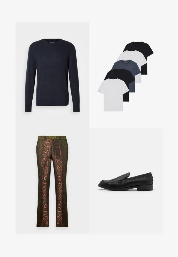 Jūras spēku zila kreklu džemperis, kas izgatavots no mīkstas adītas auduma, ar garām piedurknēm un diskrētu logotipu uz krūtīm, ar ribotu piedurkņu galiem un apakšmalu.; Piecu T-kreklu komplekts melnā, baltā un tumši zilā krāsā. kokvilnas audums, īsas piedurknes, apļveida kakla dizains un vienkārša faktūra bez rakstiem.; Zaļas bikses ar rakstu, kas iekļauj čūsku drukājumu brūnos un oranžos toņos, taisna silueta un gluda tekstūra.; Melnas ādas loafers ar gludu apdari, noapaļotu purngalu un mazu dekoratīvu flap. Ietver zemu kraujošu papēdi un smalku zīmola detalizāciju.