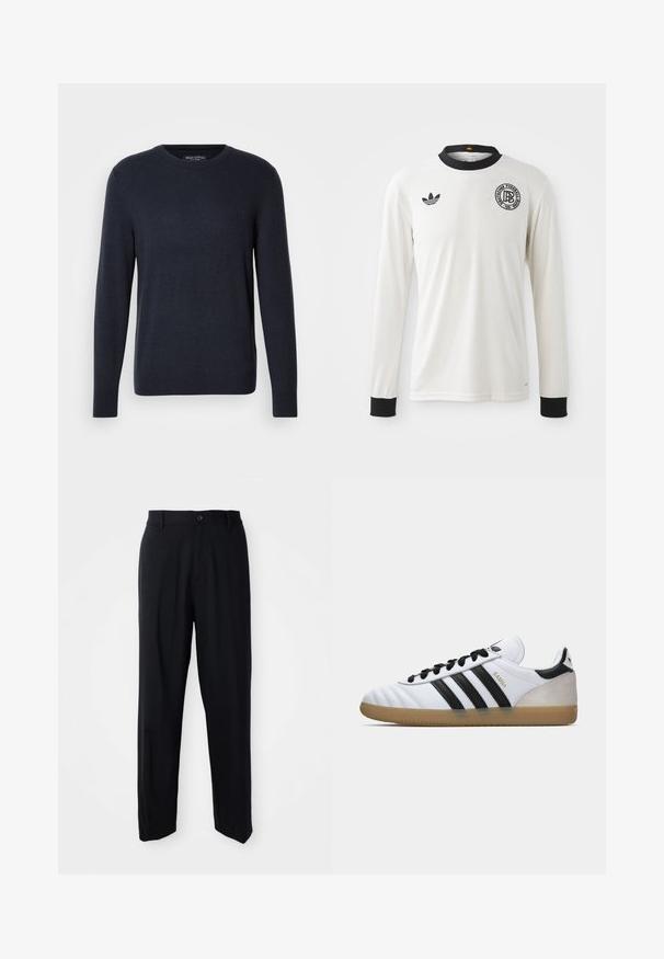 Tamsiai mėlynas apvalios iškirptės megztinis, pagamintas iš minkštos mezginio medžiagos, su ilgomis rankovėmis ir subtiliu logotipu ant krūtinės, su raibtais rankogaliais ir apatine dalimi.; Balta ilgomis rankovėmis futbolo marškinėliai su siūlėta tekstūra, juodas apykaklė ir rankogaliai, su juodu Adidas logotipu ir apvaliu grafiniu emblematu.; Juodos tiesios kojos kelnės su diržo kilpomis, mygtuko uždarymu ir elegantišku, minimalistiniu dizainu neutralioje fone.; Balti Adidas Samba sneakeriai su juodais dryžiais, juodais raišteliais, smėlio spalvos zomšinėmis kulnais ir guminiais padais, parodyti kairėje profilio pusėje.