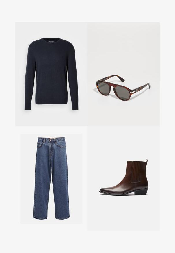 Pulover bleumarin cu guler rotund, confecționat dintr-un material tricotat moale, cu mâneci lungi și un logo subtil pe piept, având manșete și tiv din material rib.; Jeans din denim bleumarin, cu croi larg și un aspect decolorat, având fermoar cu buton, cinci buzunare și cusături contrastante pe margini.; Botină din piele maro, cu vârf ascuțit, panouri laterale elastice, detalii texturate pe partea din față și toc scăzut îngrădit.; Ochelari de soare din material țestoasă cu lentile gri. Ramă din plastic neted, formă rotundă, accente metalice pe tâmple. Suprafață reflectorizantă.