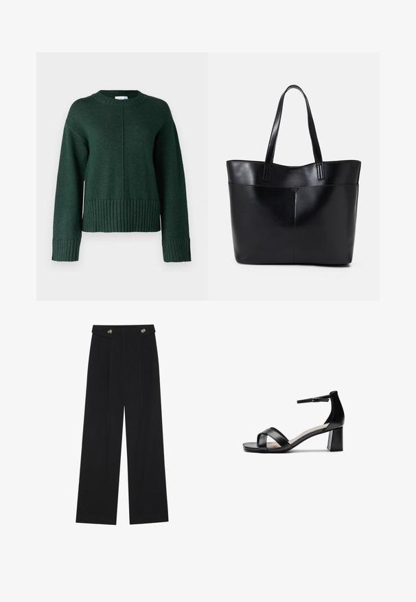 VILA SOFIE zielony; Czarne szerokie spodnie z wysokim stanem, z detalami w postaci guzików na pasku oraz plisami z przodu.; Czarna sandał z odkrytymi palcami na obcasie z krzyżującymi się paskami, regulowanym paskiem na kostkę i masywnym obcasem, z gładką skórzaną teksturą.; Czarna skórzana torba na ramię z dwoma długimi uchwytami, gładką teksturą i sztywną formą. Posiada przednią kieszeń dla dodatkowego przechowywania.; Pierścionek w odcieniu złota z organicznym, skręconym wzorem, o gładkiej fakturze i zwężających się końcach, tworzący nowoczesny, rzeźbiarski wygląd.