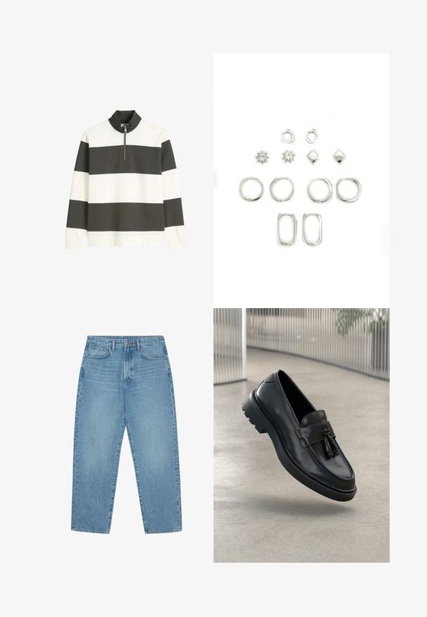 Striped pullover in white and dark grey fabric, featuring a high collar, half-zip closure, and embossed logo on the front.; Light blue denim jeans with a straight-leg cut, five-pocket design, and a slightly faded texture. Features a button and zipper closure.; Black leather loafers with a smooth finish, decorative tassel, thick rubber sole, and stitched accents. Lightweight and sleek design.; Set of silver earrings featuring various shapes: hoops, hexagons, diamonds, and sun designs, some with clear crystals, smooth texture.