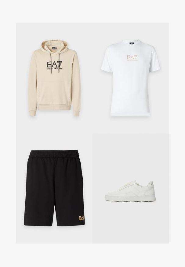 Felpa beige realizzata in morbido tessuto, dotata di tasca frontale, cappuccio regolabile con cordino e un audace logo nero sul petto.; T-shirt bianco in cotone con scollatura rotonda e maniche corte, con il logo oro EA7 Emporio Armani stampato sul fronte.; Pantaloni sportivi neri realizzati in tessuto morbido, con vita elastica e un piccolo logo EA7 giallo sulla parte bassa della gamba sinistra.; Sneaker in pelle bianca con una finitura liscia, punta rotonda, lacci piatti e suola testurizzata. Presenta un logo discreto sul tallone.