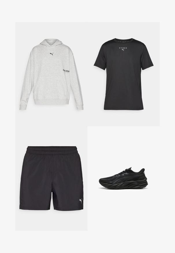 Hoodie cinza claro feito de mistura de algodão, apresentando um bolso canguru, capucho com cordão, logótipo preto no peito e detalhe em texto na manga.; T-shirt desportivo preto de mangas curtas feito de tecido leve. Apresenta um decote redondo e um logo "HYROX" impresso com um emblema Puma na frente.; Calções desportivos pretos com um cós elástico, feitos de material leve, apresentando um pequeno logotipo branco na parte inferior.; Sapatilha desportiva preta com parte superior texturizada, sola curvada e calcanhar reforçado. Apresenta atacadores e um elemento de design lateral discreto.