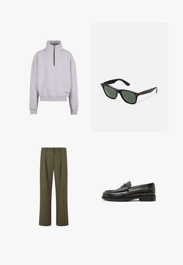 Light gray sweatshirt with a high collar, quarter-zip closure, and ribbed cuffs. Features a small black embroidered accent near the hem.; Olive green trousers with a tailored fit, featuring pleats at the front, a button closure, and straight legs. Smooth fabric texture.; Black leather loafer with a textured black leather accent, rounded toe, and a low block heel; features a decorative metallic detail.; Black plastic sunglasses with green lenses, square frames, silver accent on the brow, and textured temple arms. Stated brand on inner arm.