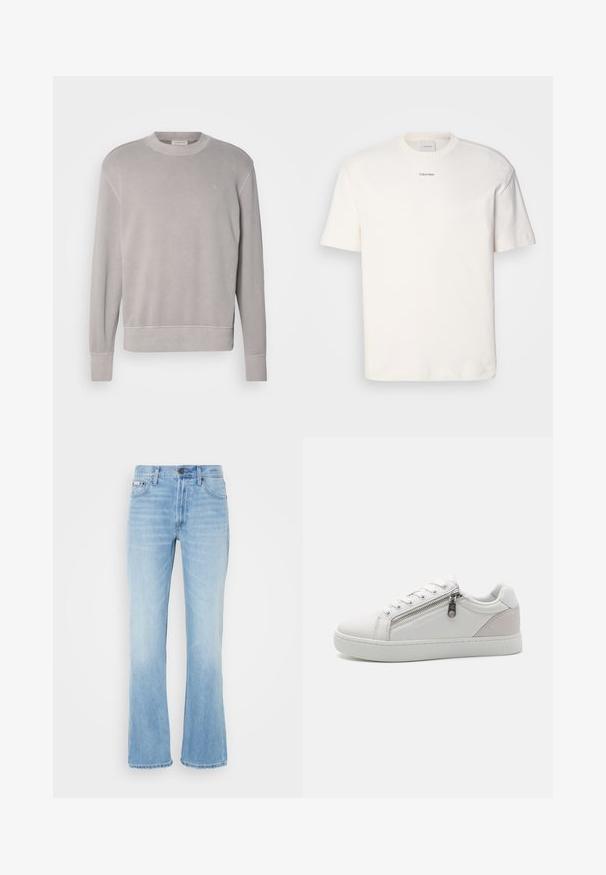 Felpa grigia chiara con scollatura tonda, polsini e orlo a coste, e un sottile ricamo del logo sul petto. Materiale in pile morbido.; T-shirt bianca in cotone con scollo rotondo, maniche corte e logo ricamato "Calvin Klein" al centro del petto. Design semplice.; Jeans a zampa d'elefante in denim blu chiaro con una finitura sbiadita, cinque tasche, passanti per cintura e chiusura con bottone in vita.; Sneaker bianca con materiale in pelle liscia, accento in suede beige a contrasto sul tallone e dettaglio con chiusura a zip sul lato.