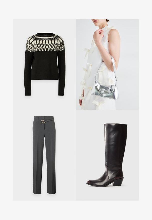 Black sweater with a round neckline and long sleeves. Features a patterned white and black yoke design. Soft texture and ribbed hem.; Dark gray tailored women's trousers with straight legs and a thin matching belt featuring a gold-tone buckle.; Knee-high, dark brown leather boot with a pointed toe, angular block heel, and smooth, glossy texture. Features a clean design and stitch detailing.; Silver metallic handbag with a structured shape, featuring a top handle and bow detail on the front. Smooth texture, reflective finish.