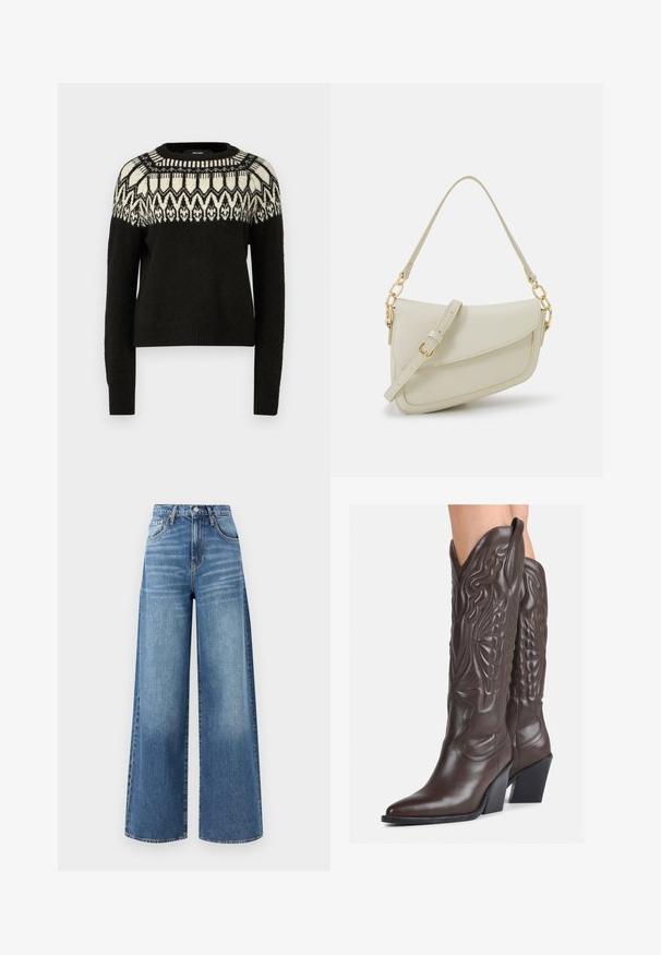 Czarny sweter z okrągłym dekoltem i długimi rękawami. Posiada wzorzyste białe i czarne wstawki na górze. Miękka tekstura i prążkowane wykończenie.; Jeans w szerokich nogawkach w jasnoniebieskim kolorze, z wysokim stanem, subtelnym przetarciem i pięcioma kieszeniami, z kontrastowym przeszyciem.; Brązowe skórzane kowbojki z noskiem w kształcie migdała i blokowym obcasem, z detalicznym przeszyciem i podniesionymi akcentami na cholewce.; Mała torebka w kolorze kremowym z teksturowanym wykończeniem, długim regulowanym paskiem, akcentem z łańcucha oraz zapięciem na klapkę. Wykończenia w kolorze złotym.; Złote kolczyki w kształcie kółek o gładkim, błyszczącym wykończeniu. Okrągły design z małym klipsem i przezroczystym zapięciem zapewniającym bezpieczne noszenie.