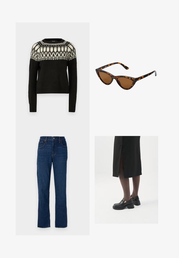 Črni pulover z okroglim izrezom in dolgimi rokavi. Ima vzorec yoke v črno-beli barvi. Mehka tekstura in rebrast rob.; Temno modri traperje ravnega kroja z obliko petih žepov, oranžnim šivanjem in z gumbom za zapiranje v pasu.; Črne usnjene čevlje s zaobljenim prstom, debelim blokastim petama in elastičnimi stranskimi detajli, v kombinaciji s temno nogavicami in črno krilo z razporkom.; Mačje oči sončna očala z okvirom v črno-oranžni želvej ohišji, rjavimi lečami in elegantnimi, ostrimi konicami. Imajo minimalistični logo na ročaju.