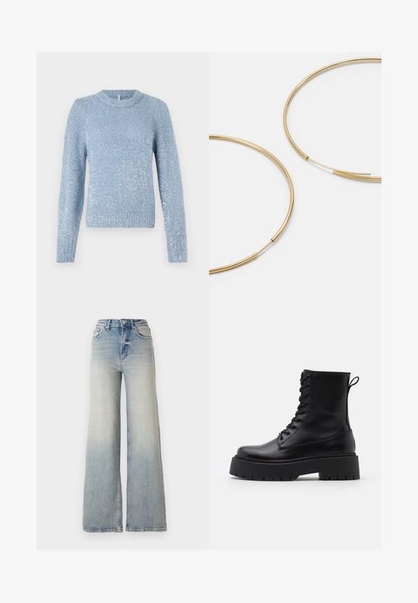 Gaiši zils adīts džemperis ar apaļu kakla izgriezumu, garām piedurknēm un nedaudz teksturētu virsmu, kurā ir diskrēti mirdzoši akcenti.; Gai zilu platā kāja džinsi, kas izgatavoti no denima, ar augstu jostasvietu, piecām kabatām un redzamu dūrienu gar šuvēm.; Melni ādas potītēm zābaki ar apļveida purngalu, auklām priekšpusē un biezu gumijas zoli ar teksturētu protektoru. Velkšanas cilpa aizmugurē.; Zelta krāsas auskari gredzena formā, plāni un apaļi, ar gludu metāla apdari un bez rotājumiem vai zīmējumiem.