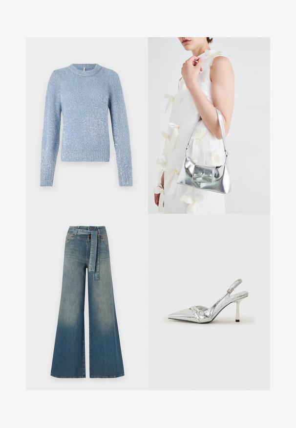 Lyseblå strikkegenser med rund hals, lange ermer og en lett strukturell finish med subtile glitrende detaljer.; Bredde ben jeans med en lyseblå til mørkeblå gradient, høyt liv, beltehemper og et matchende belte i samme stoff. Teksturert denimoverflate.; Sølv slingback høyhelte sko med spiss tå, metallisk finish, to dekorative stropper, og en slank hæl med svart tupp.; Sølvmetallisk håndveske med en strukturert form, med en topphåndtak og sløyfedetalj foran. Glatt tekstur, reflekterende overflate.