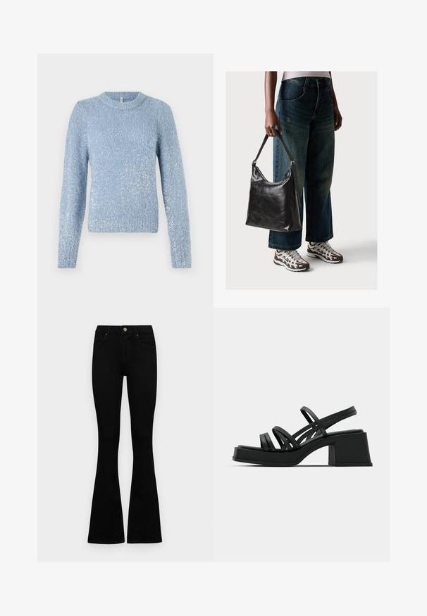 Svetlo modri pleteni pulover s krojnim ovratnikom, dolgimi rokavi in rahlo teksturirano površino, ki vsebuje diskretne sijajne poudarke.; Črne visokotopne kavbojke z gumbom in zadrgo, sprednjimi žepi in razširjenimi hlačnicami, poleg bel background.; Črne sandalke na visoki peti z več tankimi trakovi in širokim blok petom. Elegantna zasnova z mat površino. Podplat ima rahlo krivino.; Črna usnjena torba za ramo z gladko teksturo in nastavljivim trakom, v kombinaciji z zbledelimi širokimi hlačami in športnimi supergami.
