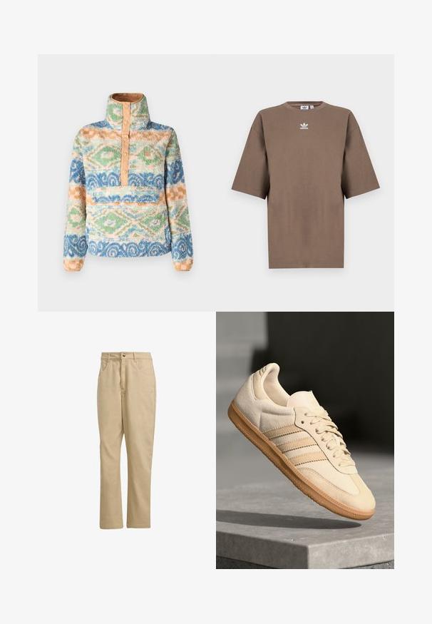 Flauschiger Pullover in mehrfarbigen Mustern mit hohem Kragen, Knopfleiste und einer Vordertasche. Hergestellt aus weichem, strukturierter Stoff.; Braunes Baumwoll-T-Shirt mit kurzen Ärmeln, Rundhals und weißem Adidas-Logo, das zentral auf der Brust platziert ist. Das Design ist schlicht und der Schnitt ist locker.; Khakifarbene Baumwollhosen mit geradem Schnitt, ausgestattet mit einem vorderen Knopfverschluss, zwei Seitentaschen und minimaler Markenkennzeichnung auf der Vorderseite.; Helle beigetöne Wildledersneaker mit Gumminsohle, drei schrägen Streifen und einer strukturierten Zehenkappe. Mit Logo auf der Zunge und der Seite.