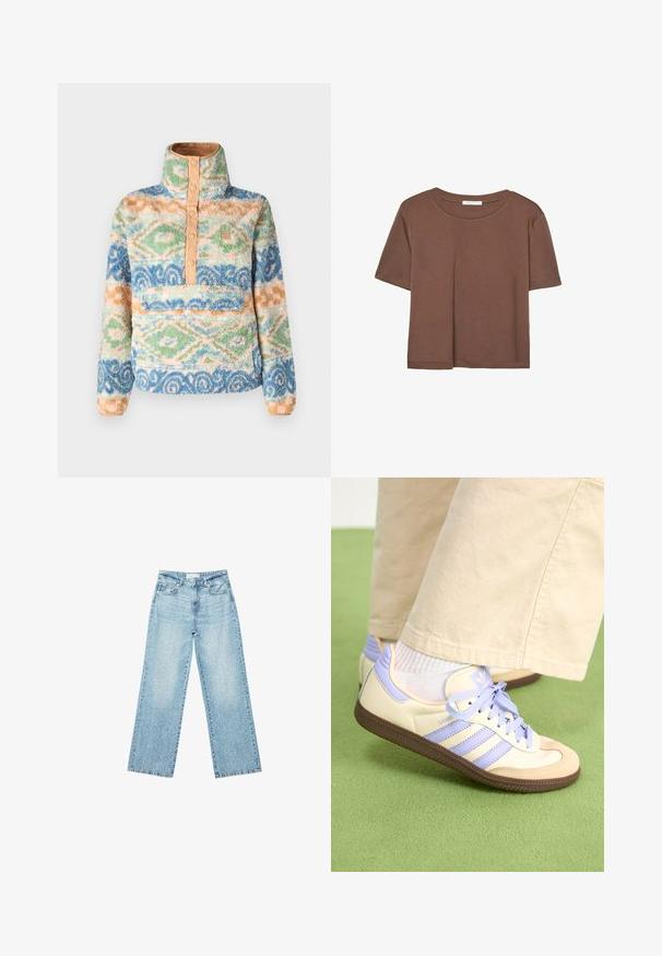 Flauschiger Pullover in mehrfarbigen Mustern mit hohem Kragen, Knopfleiste und einer Vordertasche. Hergestellt aus weichem, strukturierter Stoff.; Braunes, kurzärmliges T-Shirt aus weichem Material mit rundem Halsausschnitt und lockerer Passform. Keine sichtbaren Muster oder Akzente.; Helle blaue Denim-Jeans mit weitem Bein und hoher Taille, im lässigen Look mit einem ausgewaschenen Finish und kleinen, verstreuten Used-Effekten.; Cremefarbene und lavendelfarbene Sneakers mit drei Streifen und einer strukturierten braunen Sohle, ausgestattet mit Schnürsenkeln und einer gepolsterten Ferse. Obermaterial aus weichem Stoff.