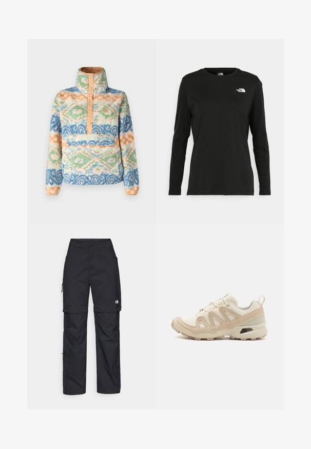 Fuzzy pullover in multi-kleurige patronen, met een hoge hals, knoopsluiting aan de voorkant en een voorzak. Gemaakt van zachte, gestructureerde stof.; Zwart langsluiting T-shirt van katoen met een ronde hals. Heeft een klein wit logo op de linkerkant van de borst. Eenvoudig ontwerp en pasvorm.; Zwarte nylon cargo broek met afneembare pijpen, verstelbare manchetten, meerdere zakken en een logo op het rechterbeen. Gladde, lichte textuur.; Beige en crème sportschoen met een textuur-mesh bovenwerk, ondersteunende overlays en een rubberen zool met een profielpatroon voor grip.